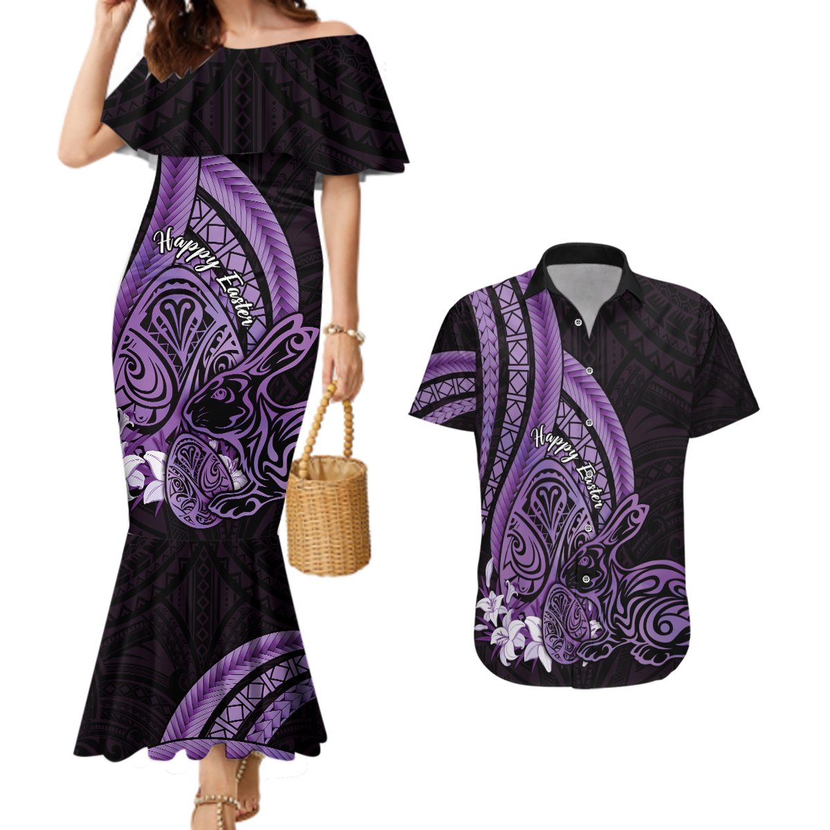 Purple Polynesia Easter Day Couples Matching Mermaid Dress and Hawaiian Shirt Eggs With Bunny Polynesian Pattern LT14 Purple - Polynesian Pride