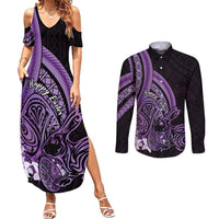 Purple Polynesia Easter Day Couples Matching Summer Maxi Dress and Long Sleeve Button Shirt Eggs With Bunny Polynesian Pattern LT14 Purple - Polynesian Pride