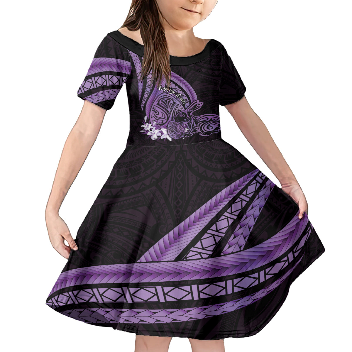 Purple Polynesia Easter Day Family Matching Off Shoulder Maxi Dress and Hawaiian Shirt Eggs With Bunny Polynesian Pattern LT14 Daughter's Dress Purple - Polynesian Pride