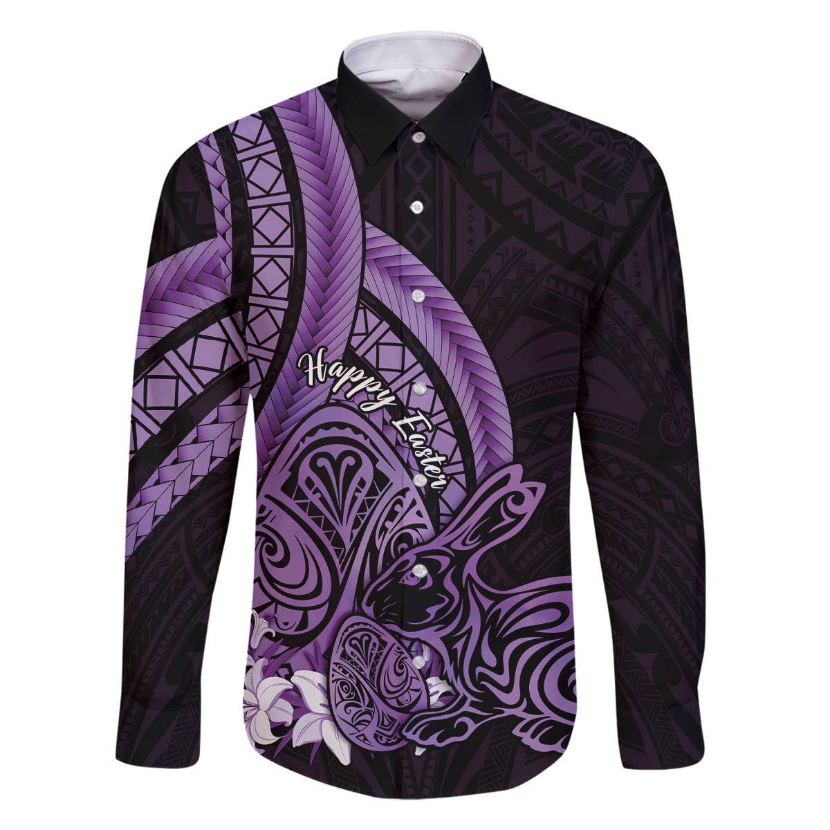 Purple Polynesia Easter Day Family Matching Off Shoulder Maxi Dress and Hawaiian Shirt Eggs With Bunny Polynesian Pattern LT14 Dad's Shirt - Long Sleeve Purple - Polynesian Pride
