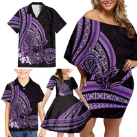 Purple Polynesia Easter Day Family Matching Off Shoulder Short Dress and Hawaiian Shirt Eggs With Bunny Polynesian Pattern