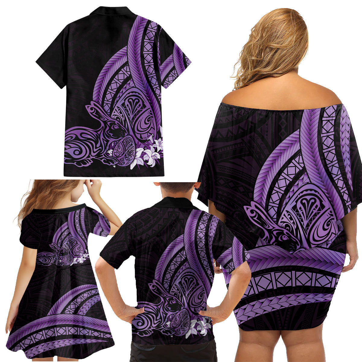 Purple Polynesia Easter Day Family Matching Off Shoulder Short Dress and Hawaiian Shirt Eggs With Bunny Polynesian Pattern