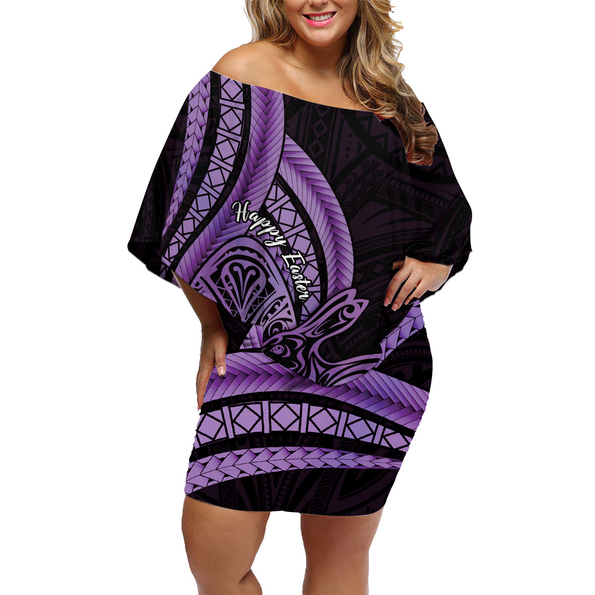 Purple Polynesia Easter Day Family Matching Off Shoulder Short Dress and Hawaiian Shirt Eggs With Bunny Polynesian Pattern