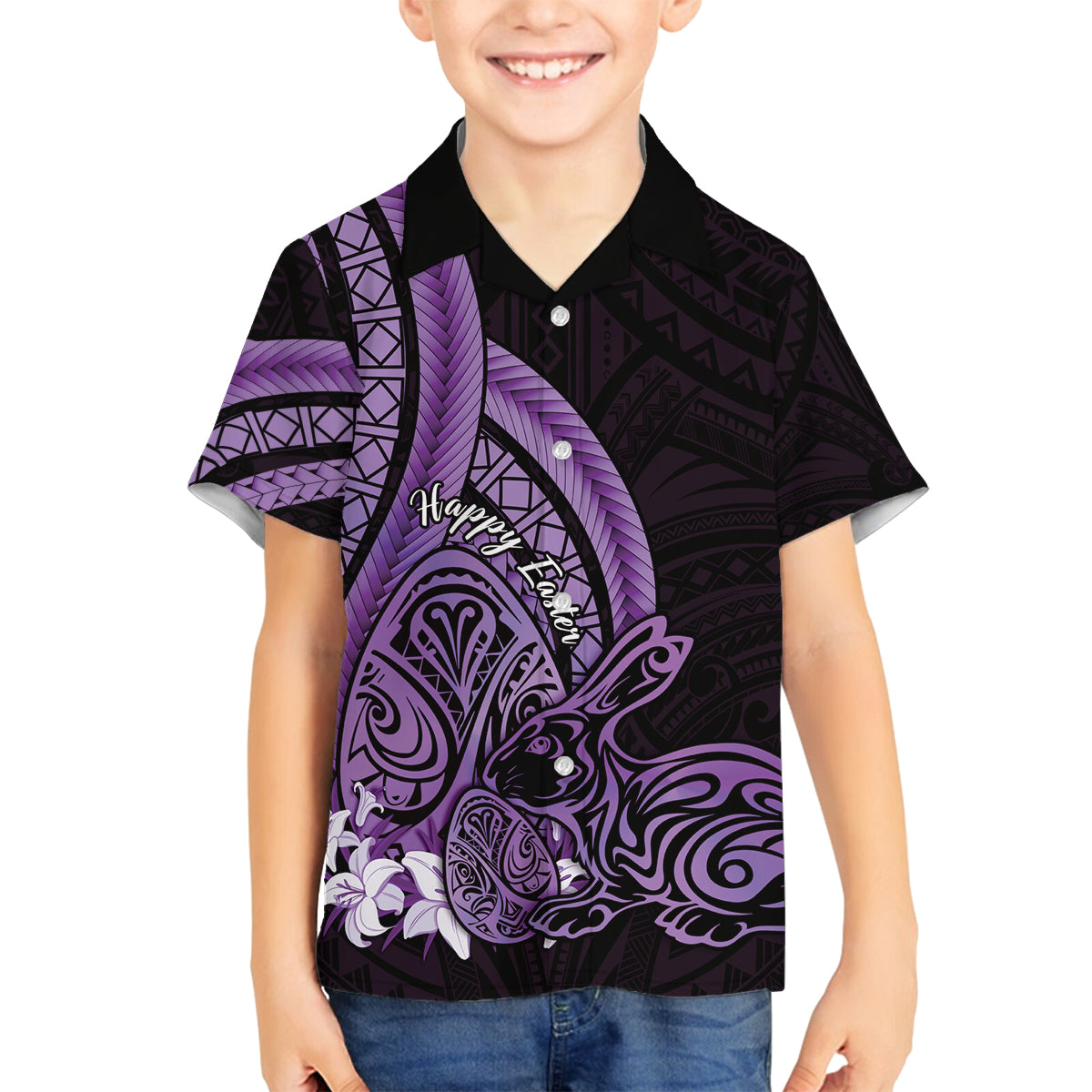 Purple Polynesia Easter Day Family Matching Off Shoulder Short Dress and Hawaiian Shirt Eggs With Bunny Polynesian Pattern