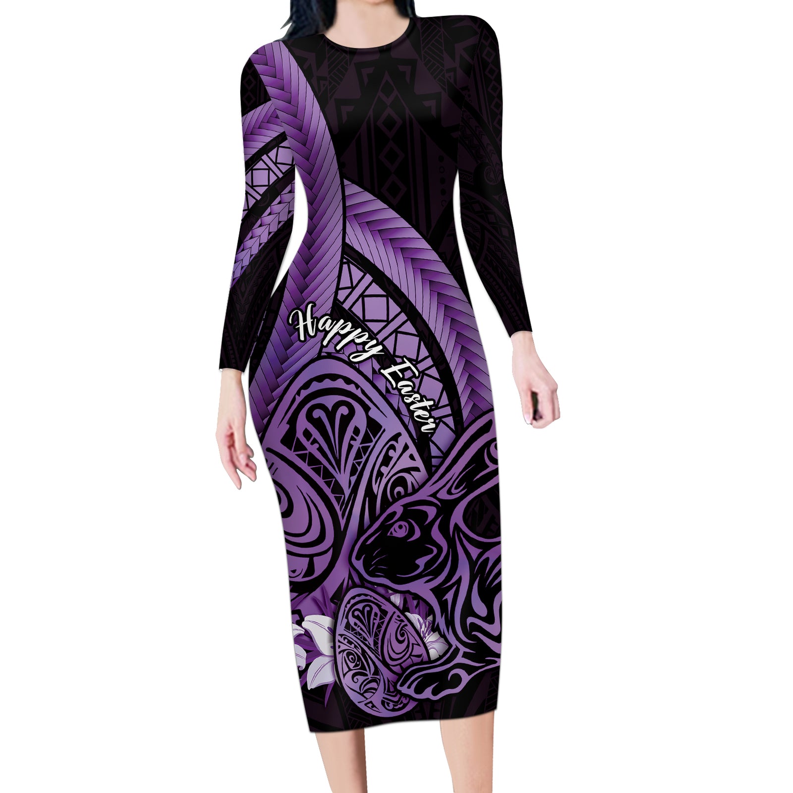 Purple Polynesia Easter Day Long Sleeve Bodycon Dress Eggs With Bunny Polynesian Pattern LT14 Long Dress Purple - Polynesian Pride
