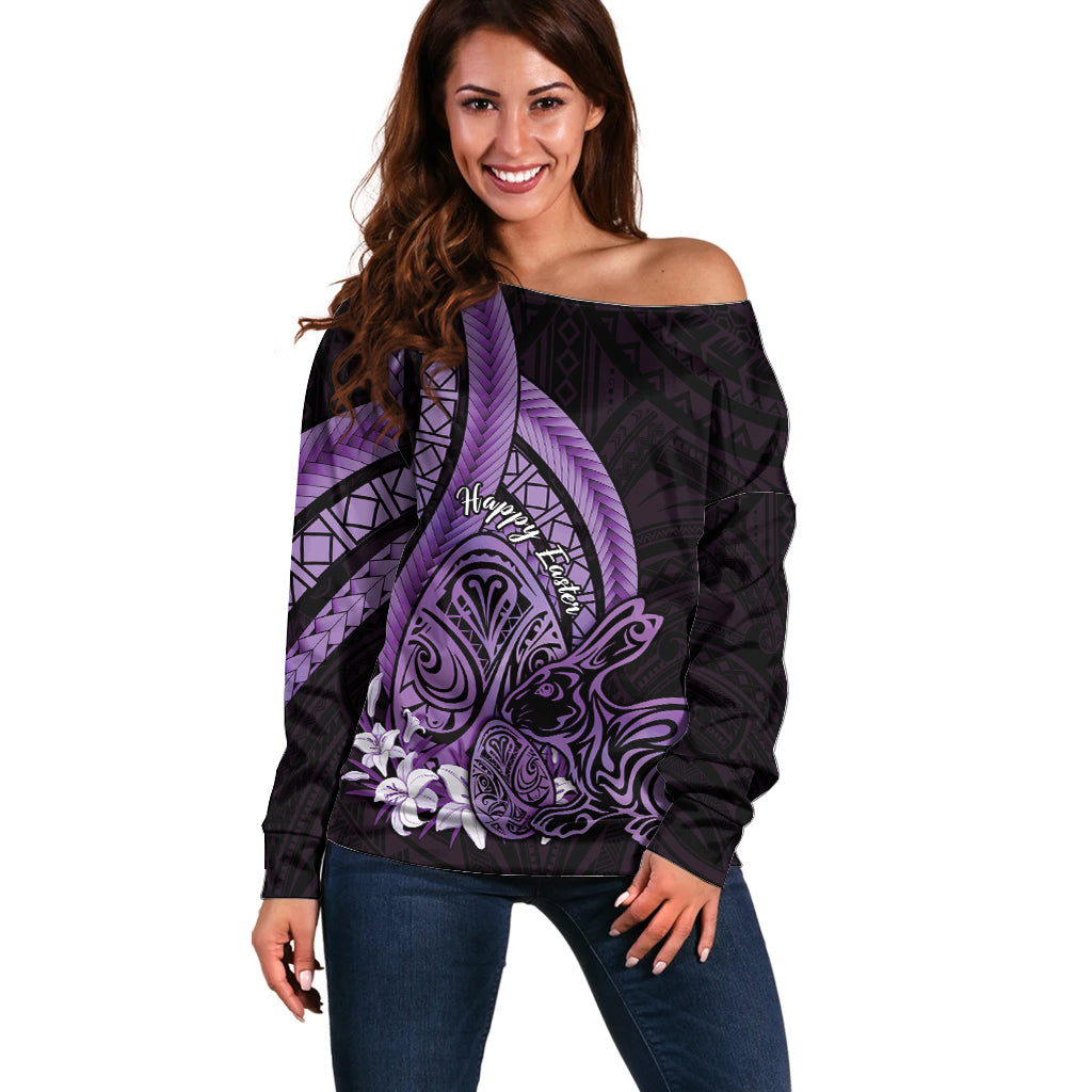 Purple Polynesia Easter Day Off Shoulder Sweater Eggs With Bunny Polynesian Pattern