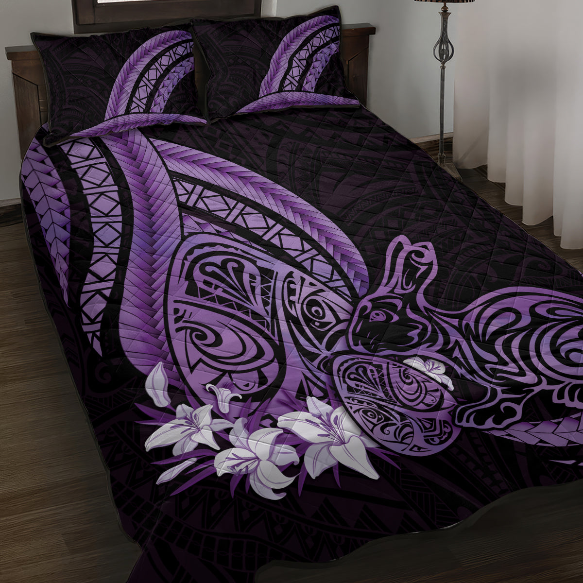 Purple Polynesia Easter Day Quilt Bed Set Eggs With Bunny Polynesian Pattern