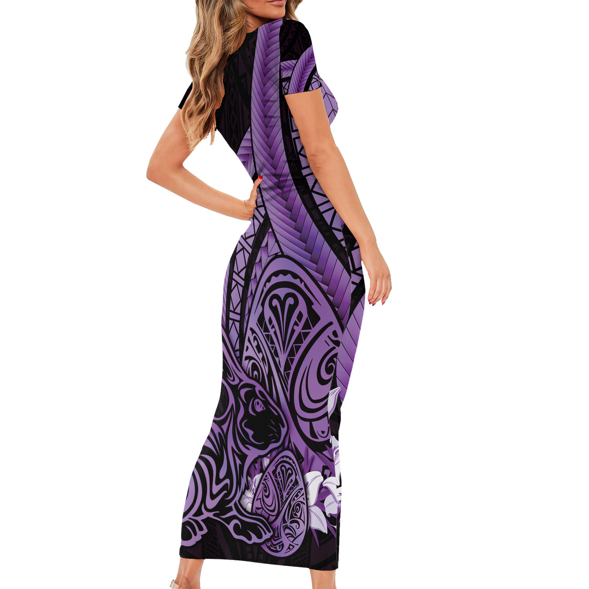 Purple Polynesia Easter Day Short Sleeve Bodycon Dress Eggs With Bunny Polynesian Pattern LT14 - Polynesian Pride