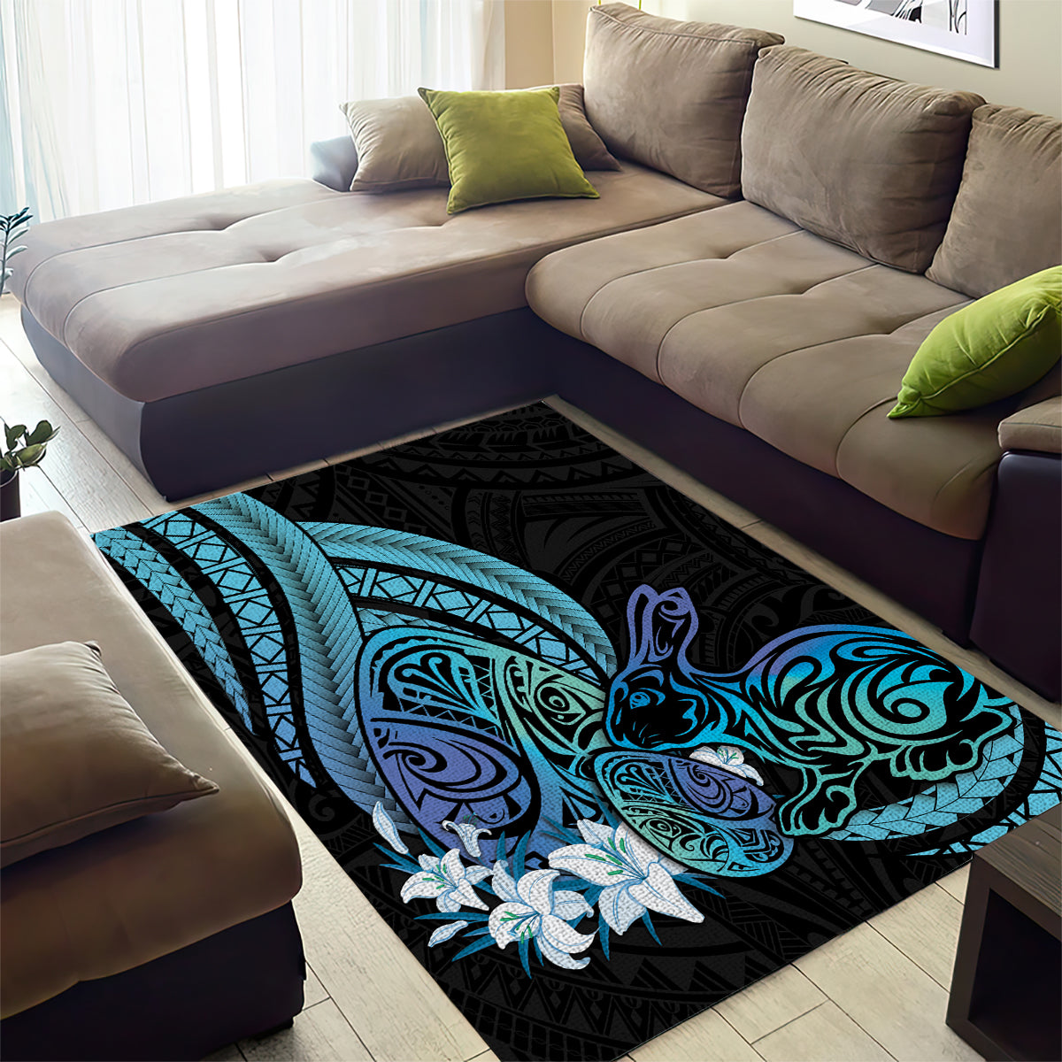 Turquoise Polynesia Easter Day Area Rug Eggs With Bunny Polynesian Pattern