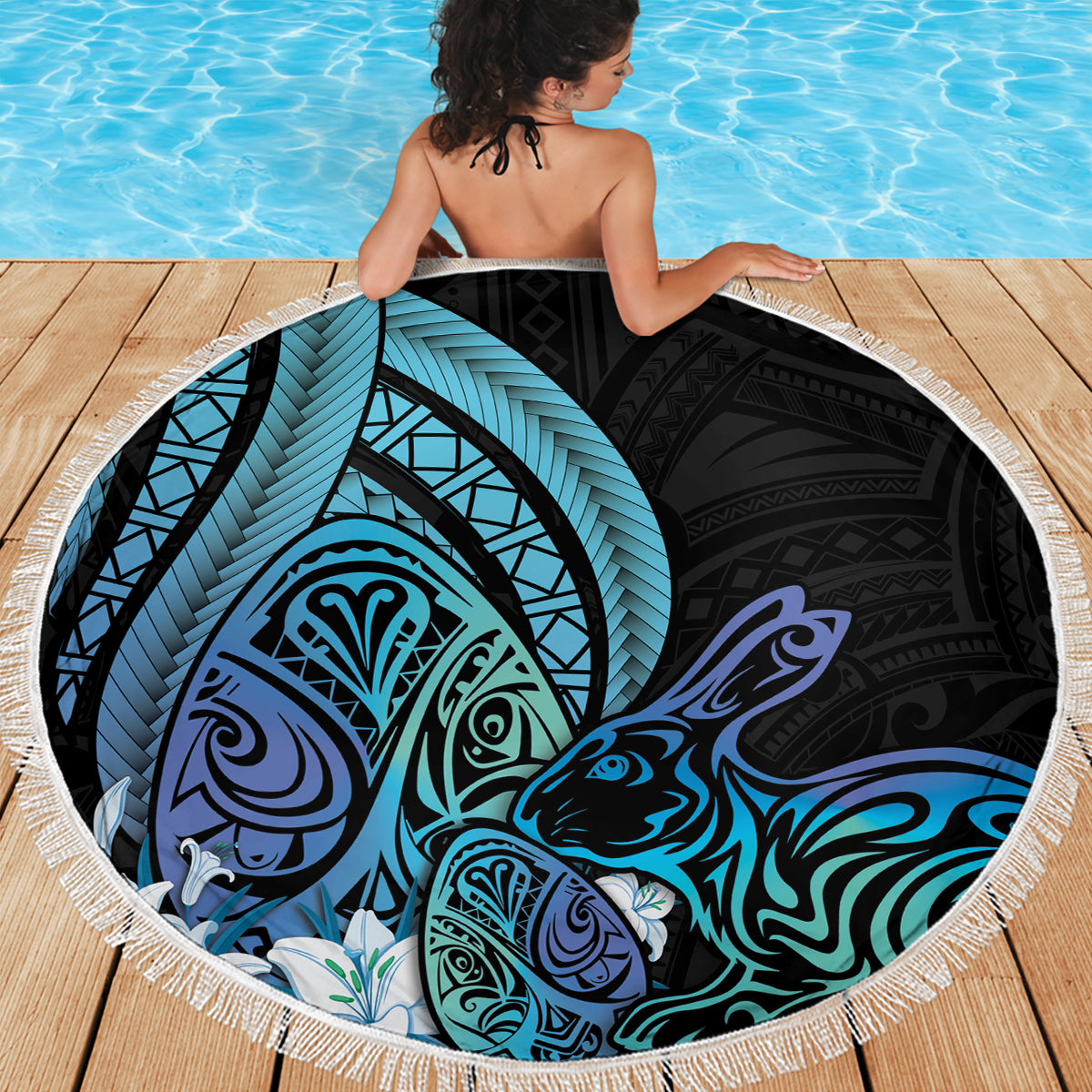 Turquoise Polynesia Easter Day Beach Blanket Eggs With Bunny Polynesian Pattern