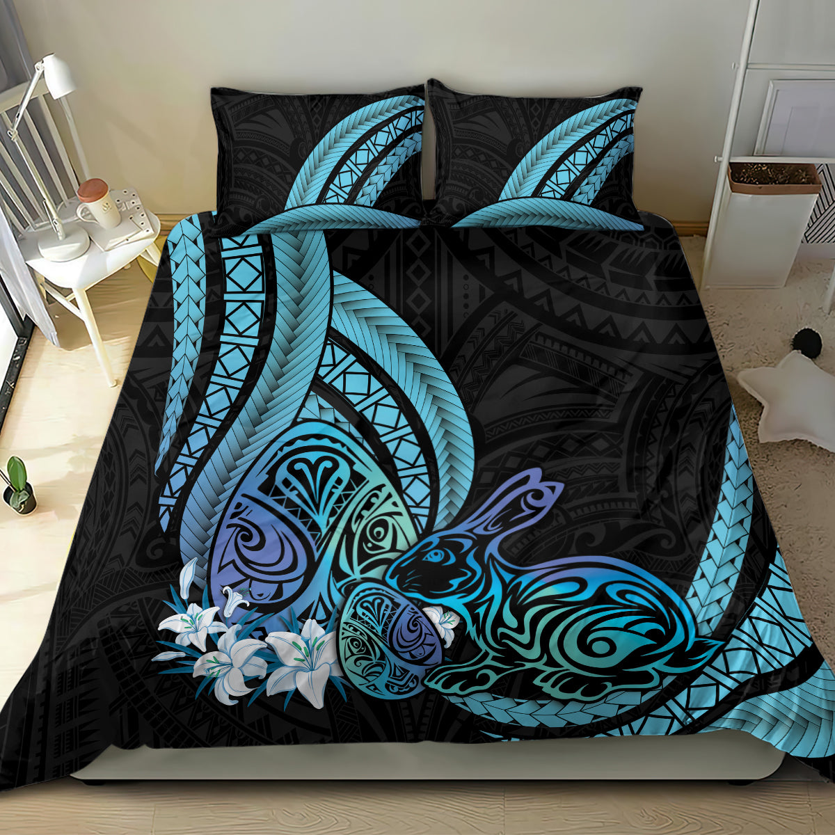 Turquoise Polynesia Easter Day Bedding Set Eggs With Bunny Polynesian Pattern