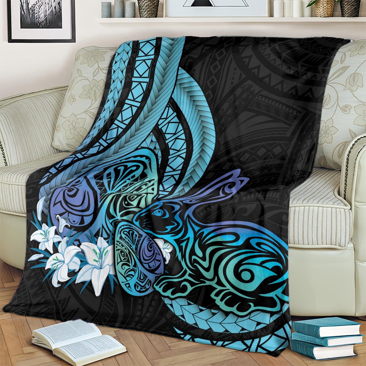 Turquoise Polynesia Easter Day Blanket Eggs With Bunny Polynesian Pattern