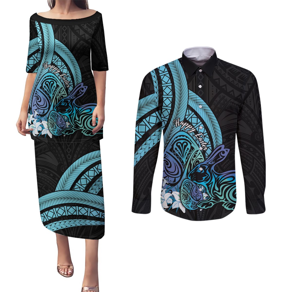 Turquoise Polynesia Easter Day Couples Matching Puletasi and Long Sleeve Button Shirt Eggs With Bunny Polynesian Pattern LT14 Turquoise - Polynesian Pride
