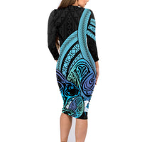 Turquoise Polynesia Easter Day Family Matching Long Sleeve Bodycon Dress and Hawaiian Shirt Eggs With Bunny Polynesian Pattern