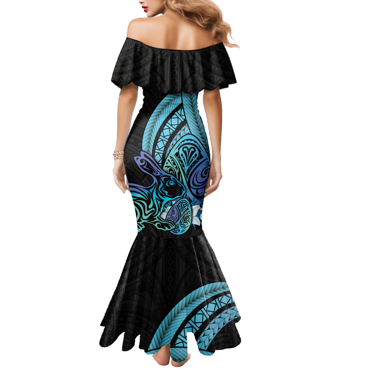 Turquoise Polynesia Easter Day Family Matching Mermaid Dress and Hawaiian Shirt Eggs With Bunny Polynesian Pattern