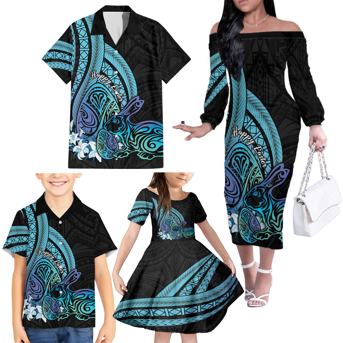 Turquoise Polynesia Easter Day Family Matching Off The Shoulder Long Sleeve Dress and Hawaiian Shirt Eggs With Bunny Polynesian Pattern LT14 - Polynesian Pride