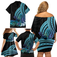 Turquoise Polynesia Easter Day Family Matching Off Shoulder Short Dress and Hawaiian Shirt Eggs With Bunny Polynesian Pattern