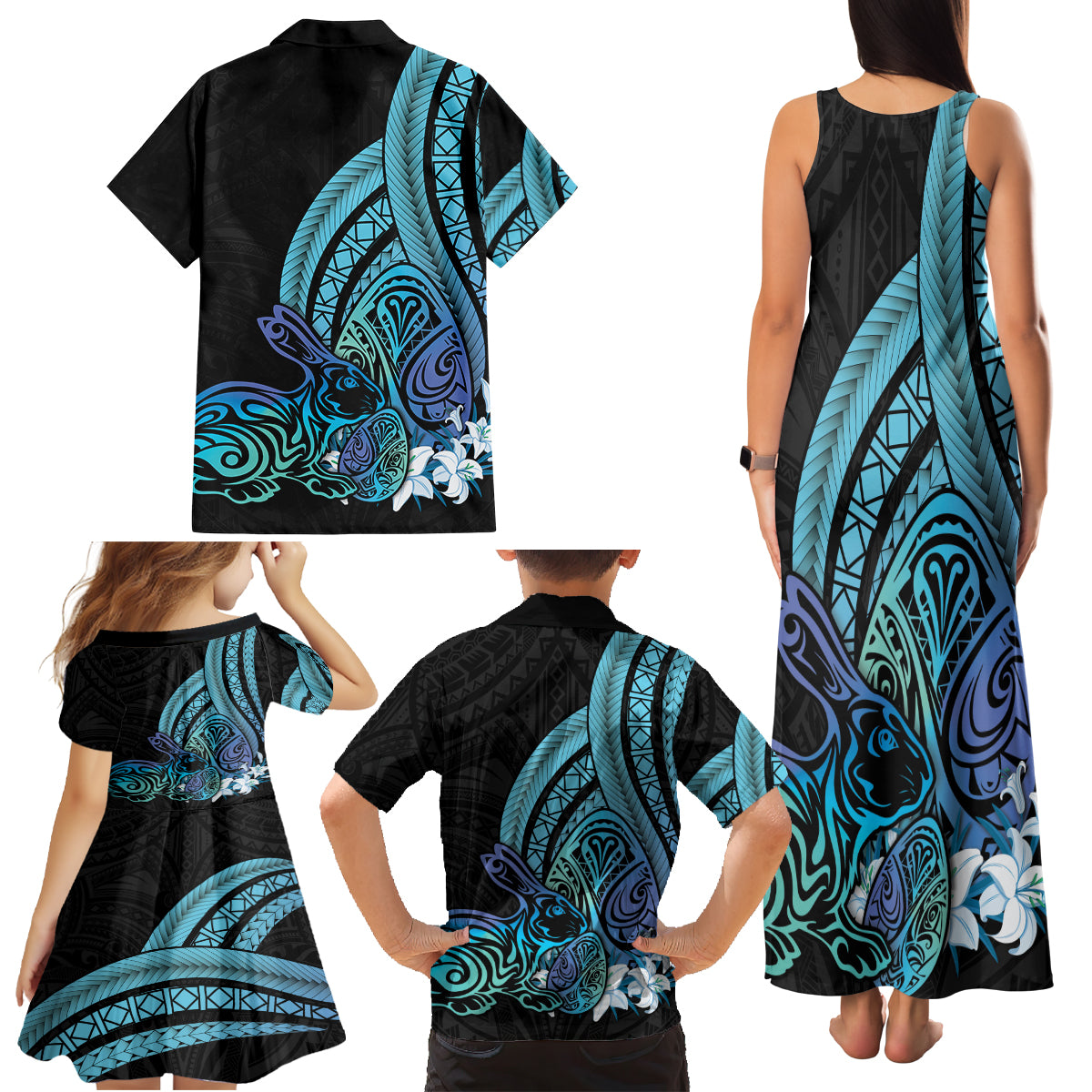 Turquoise Polynesia Easter Day Family Matching Tank Maxi Dress and Hawaiian Shirt Eggs With Bunny Polynesian Pattern
