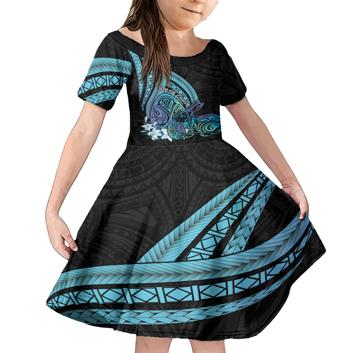 Turquoise Polynesia Easter Day Kid Short Sleeve Dress Eggs With Bunny Polynesian Pattern
