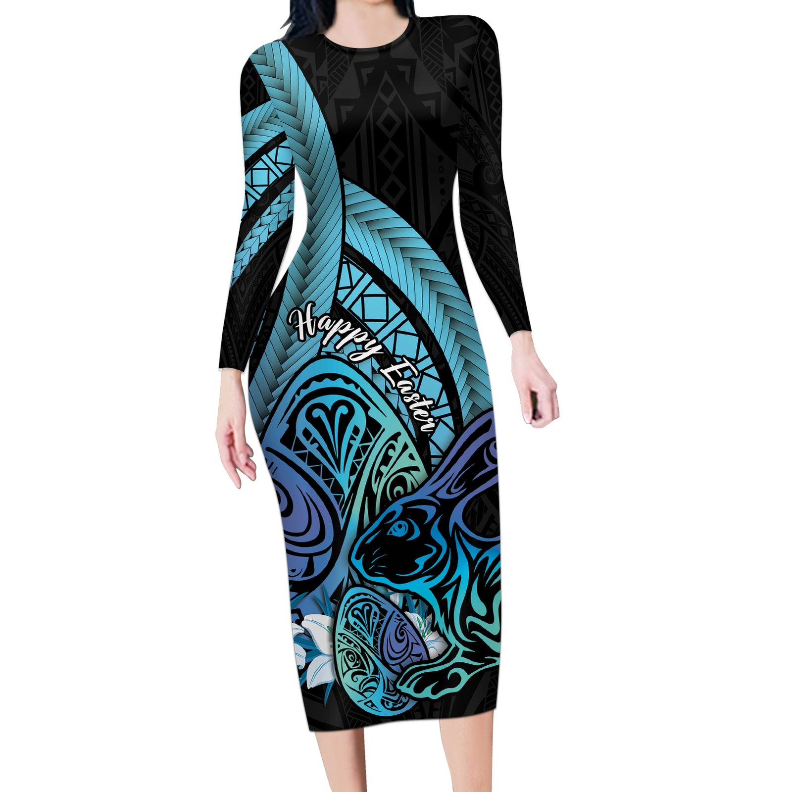 Turquoise Polynesia Easter Day Long Sleeve Bodycon Dress Eggs With Bunny Polynesian Pattern LT14 Long Dress Turquoise - Polynesian Pride