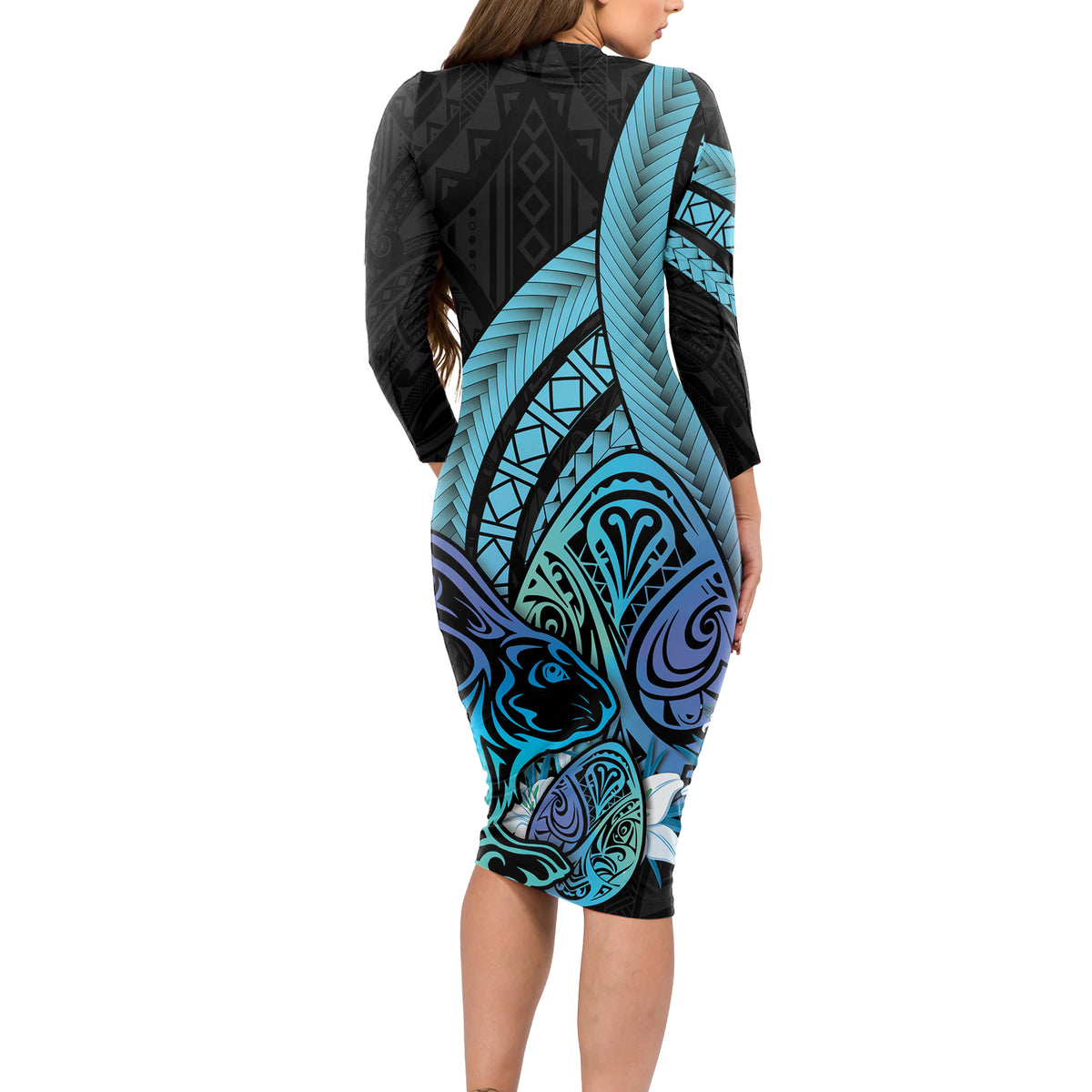 Turquoise Polynesia Easter Day Long Sleeve Bodycon Dress Eggs With Bunny Polynesian Pattern