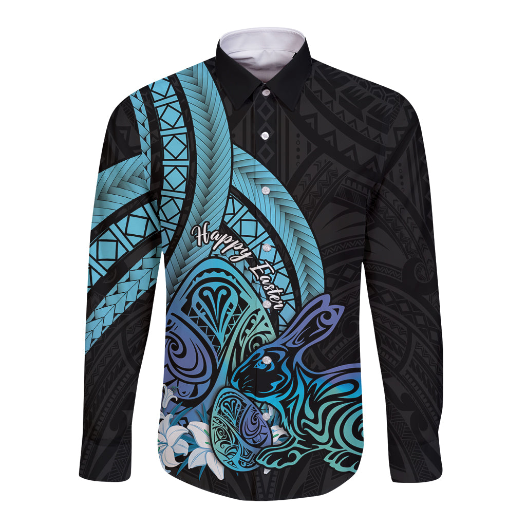 Turquoise Polynesia Easter Day Long Sleeve Button Shirt Eggs With Bunny Polynesian Pattern LT14 Unisex Turquoise - Polynesian Pride