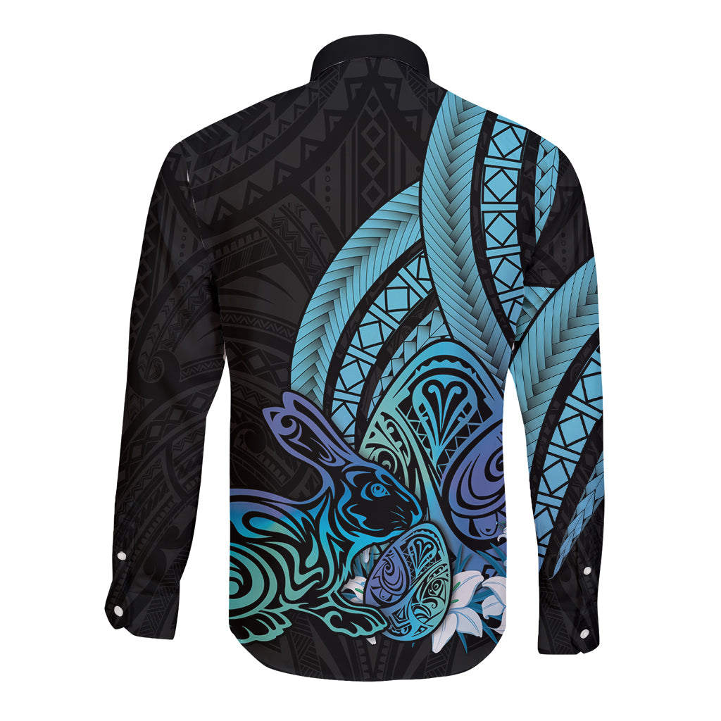 Turquoise Polynesia Easter Day Long Sleeve Button Shirt Eggs With Bunny Polynesian Pattern