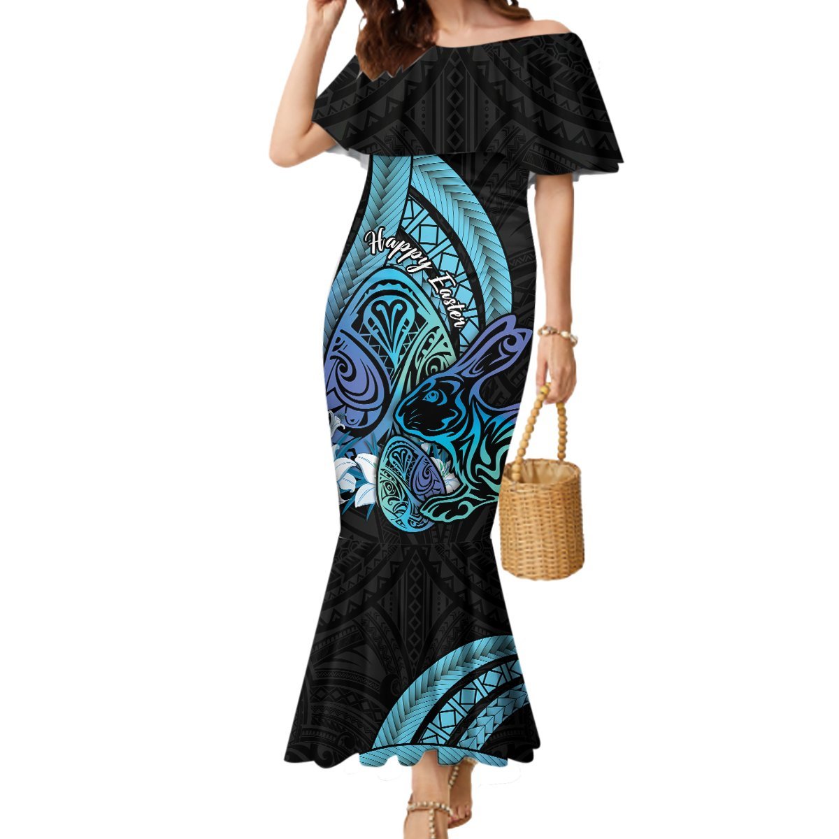 Turquoise Polynesia Easter Day Mermaid Dress Eggs With Bunny Polynesian Pattern LT14 Women Turquoise - Polynesian Pride