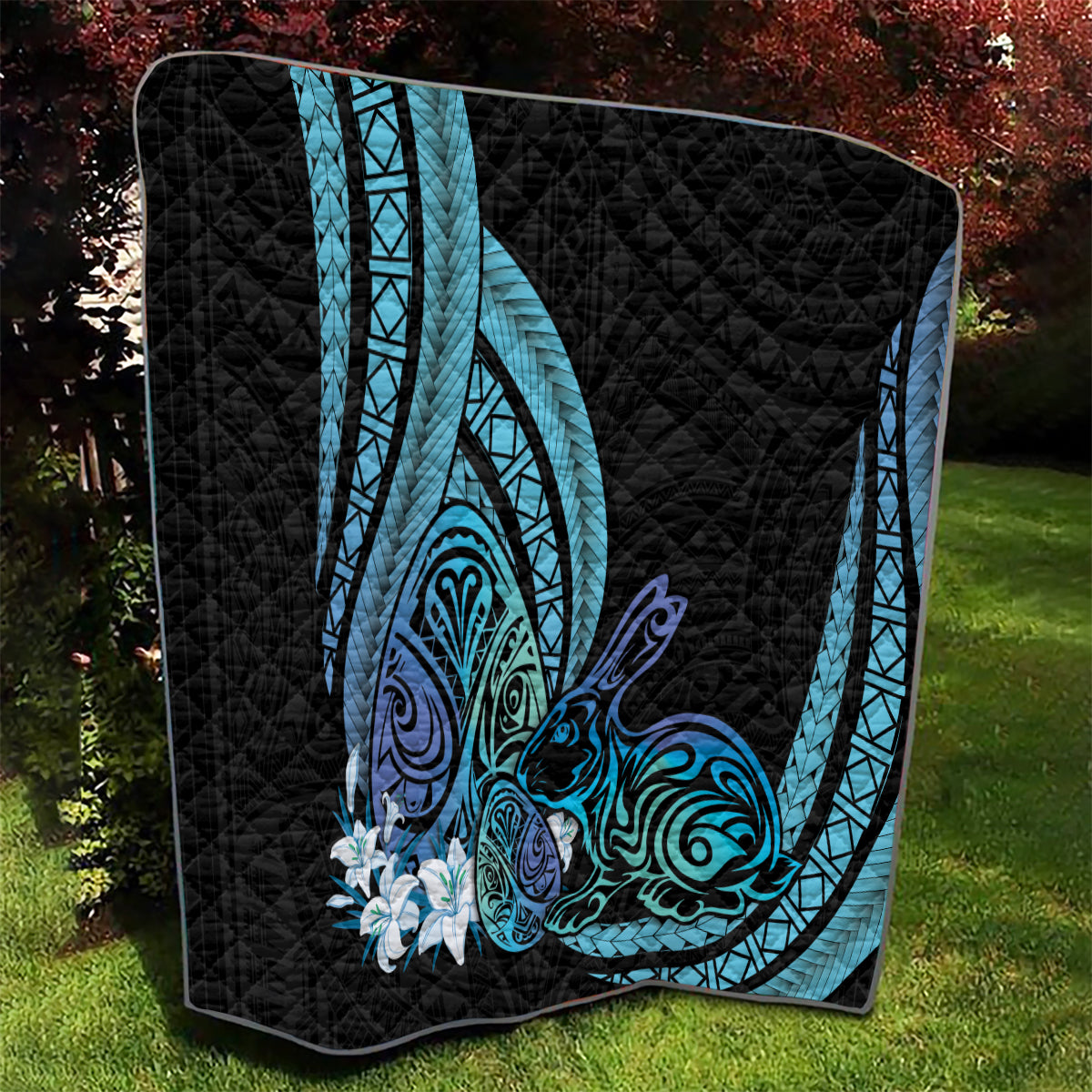 Turquoise Polynesia Easter Day Quilt Eggs With Bunny Polynesian Pattern