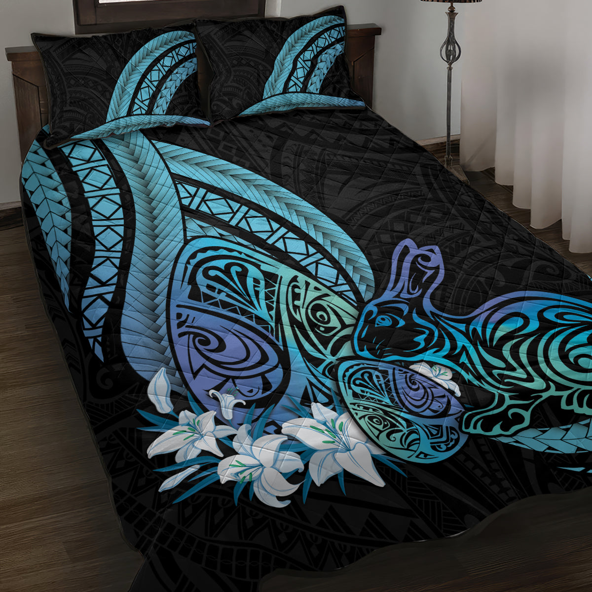 Turquoise Polynesia Easter Day Quilt Bed Set Eggs With Bunny Polynesian Pattern