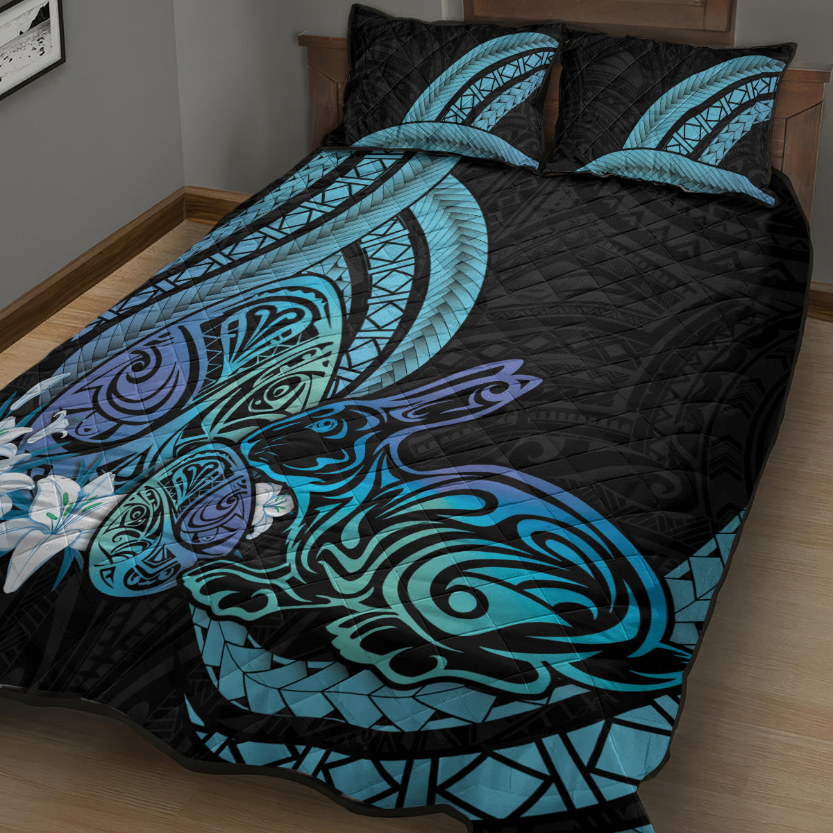 Turquoise Polynesia Easter Day Quilt Bed Set Eggs With Bunny Polynesian Pattern