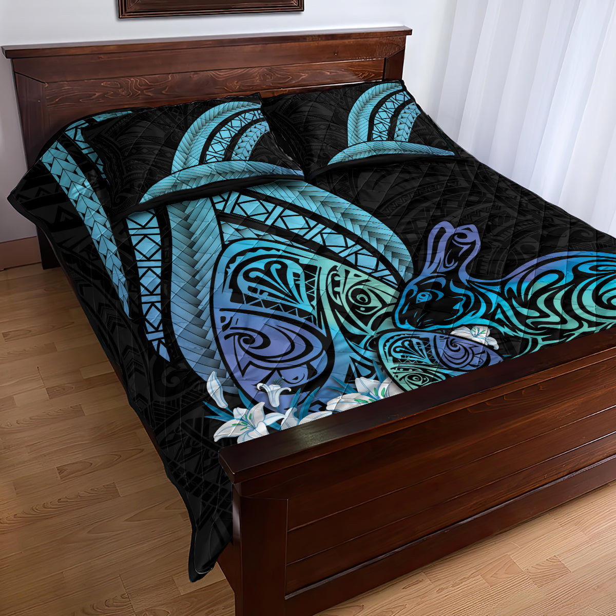 Turquoise Polynesia Easter Day Quilt Bed Set Eggs With Bunny Polynesian Pattern