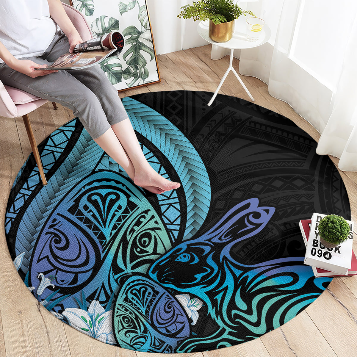 Turquoise Polynesia Easter Day Round Carpet Eggs With Bunny Polynesian Pattern LT14 - Polynesian Pride