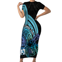 Turquoise Polynesia Easter Day Short Sleeve Bodycon Dress Eggs With Bunny Polynesian Pattern LT14 Long Dress Turquoise - Polynesian Pride