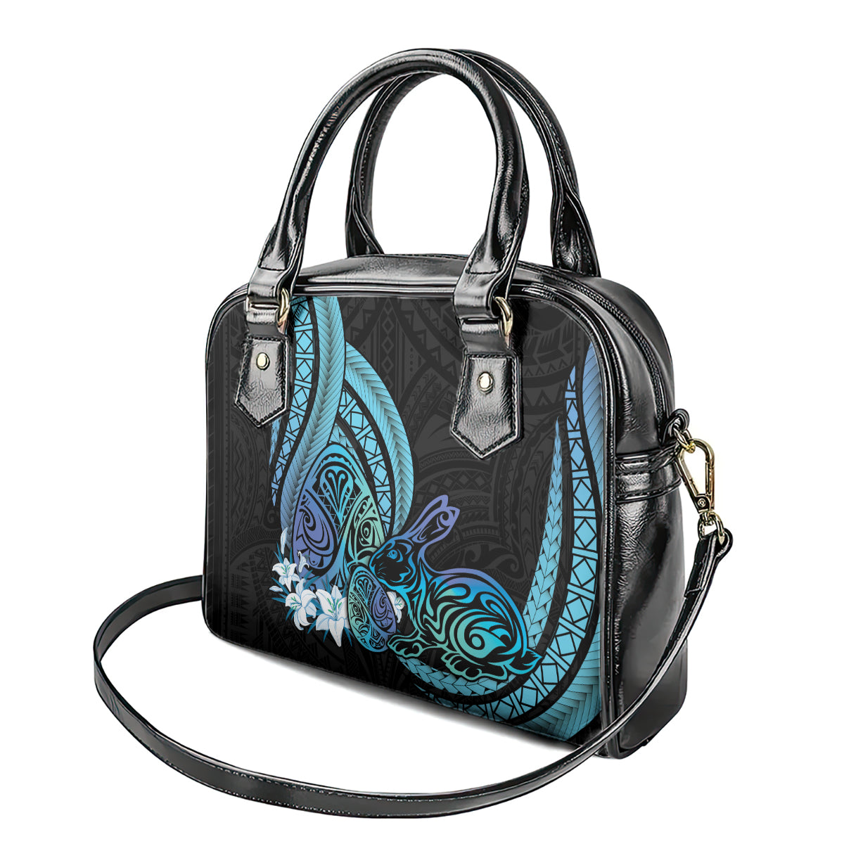 Turquoise Polynesia Easter Day Shoulder Handbag Eggs With Bunny Polynesian Pattern