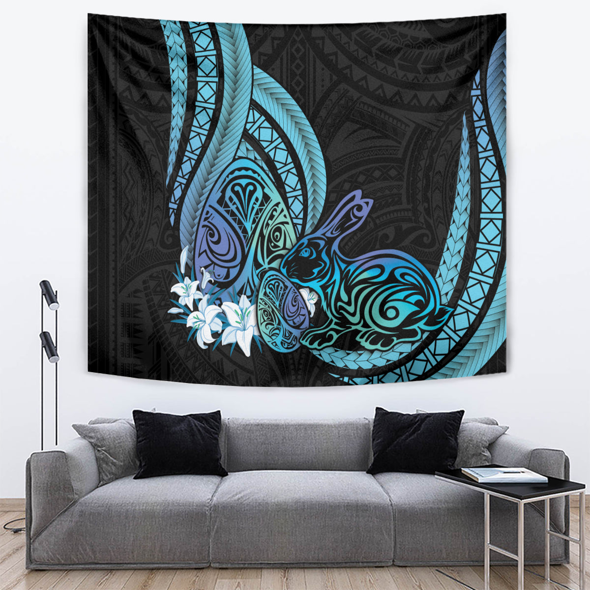 Turquoise Polynesia Easter Day Tapestry Eggs With Bunny Polynesian Pattern