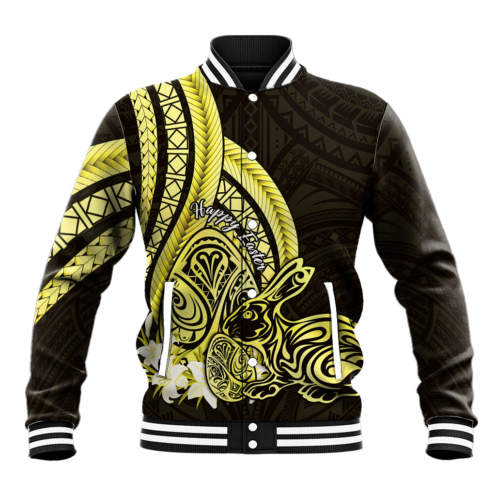 Yellow Polynesia Easter Day Baseball Jacket Eggs With Bunny Polynesian Pattern
