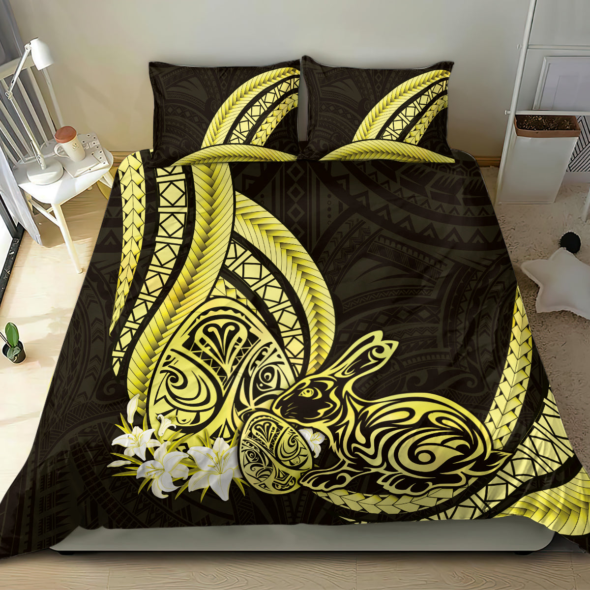 Yellow Polynesia Easter Day Bedding Set Eggs With Bunny Polynesian Pattern