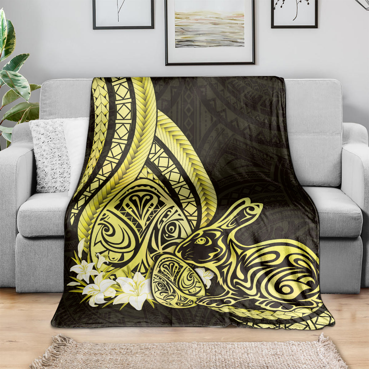 Yellow Polynesia Easter Day Blanket Eggs With Bunny Polynesian Pattern