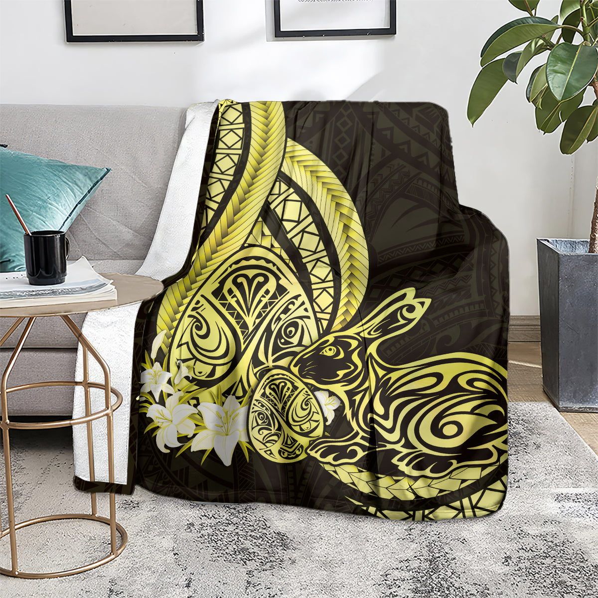 Yellow Polynesia Easter Day Blanket Eggs With Bunny Polynesian Pattern