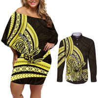 Yellow Polynesia Easter Day Couples Matching Off Shoulder Short Dress and Long Sleeve Button Shirt Eggs With Bunny Polynesian Pattern