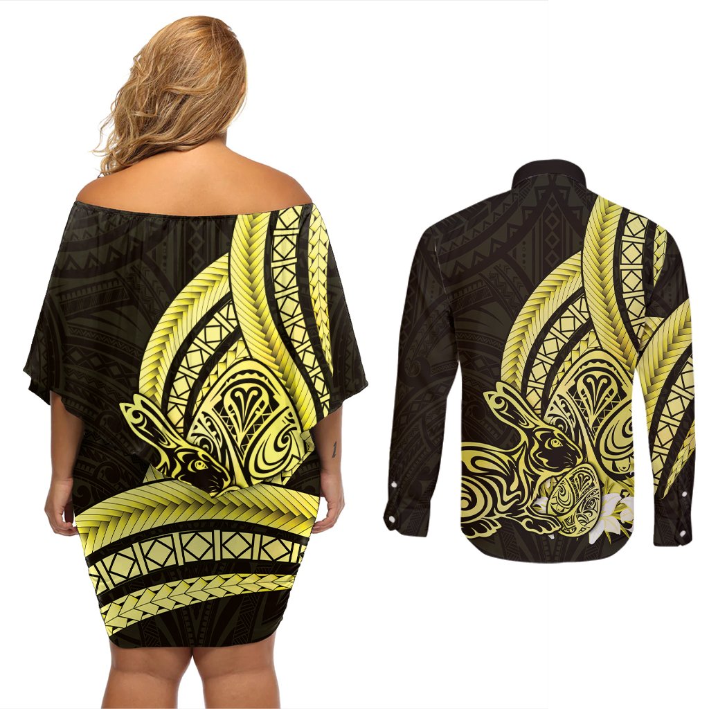Yellow Polynesia Easter Day Couples Matching Off Shoulder Short Dress and Long Sleeve Button Shirt Eggs With Bunny Polynesian Pattern