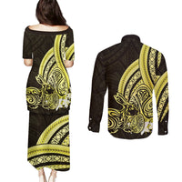 Yellow Polynesia Easter Day Couples Matching Puletasi and Long Sleeve Button Shirt Eggs With Bunny Polynesian Pattern LT14 - Polynesian Pride