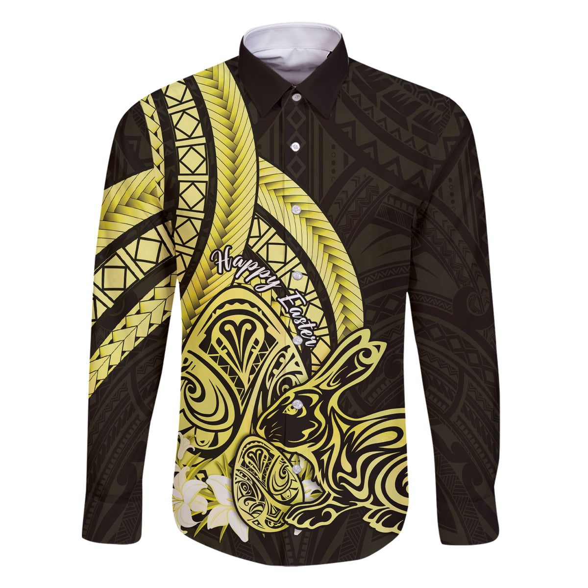 Yellow Polynesia Easter Day Family Matching Long Sleeve Bodycon Dress and Hawaiian Shirt Eggs With Bunny Polynesian Pattern