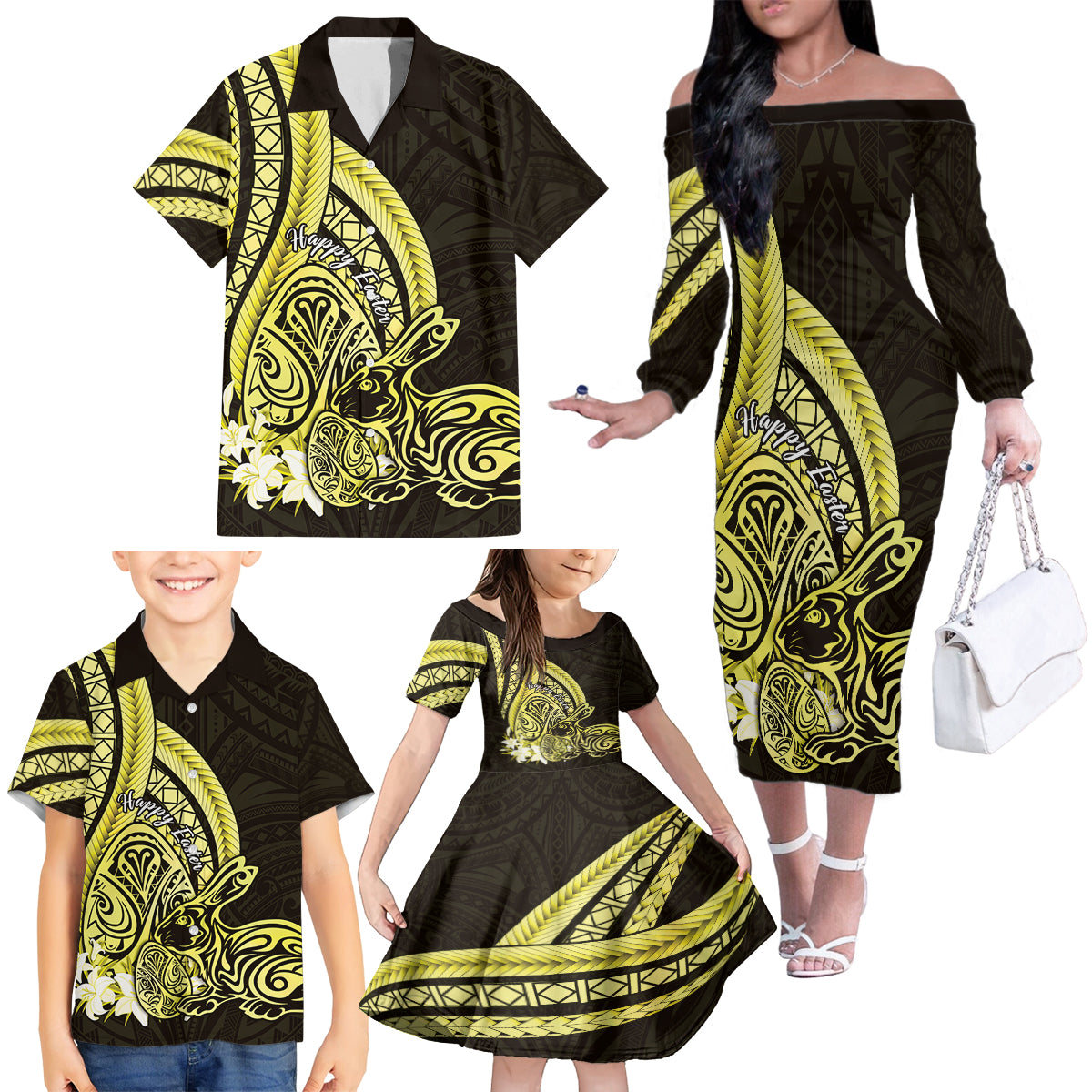 Yellow Polynesia Easter Day Family Matching Off The Shoulder Long Sleeve Dress and Hawaiian Shirt Eggs With Bunny Polynesian Pattern LT14 - Polynesian Pride