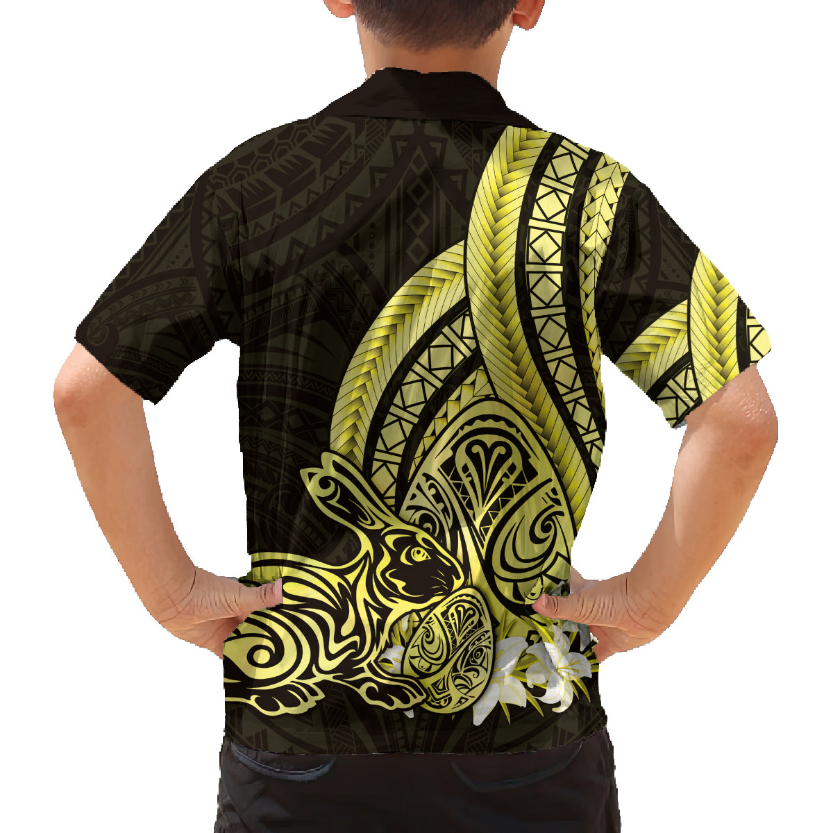 Yellow Polynesia Easter Day Family Matching Off Shoulder Short Dress and Hawaiian Shirt Eggs With Bunny Polynesian Pattern