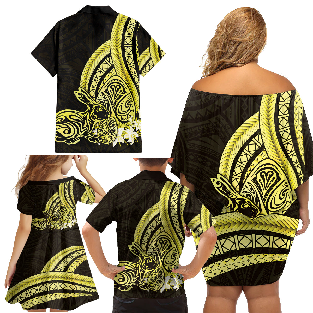 Yellow Polynesia Easter Day Family Matching Off Shoulder Short Dress and Hawaiian Shirt Eggs With Bunny Polynesian Pattern