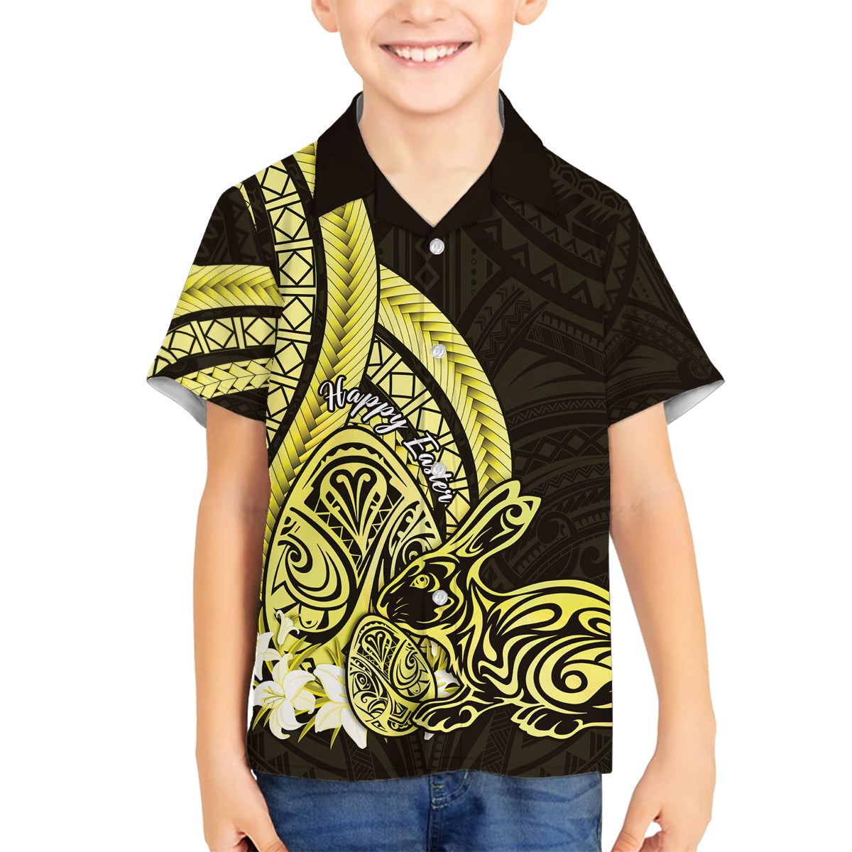 Yellow Polynesia Easter Day Family Matching Off Shoulder Short Dress and Hawaiian Shirt Eggs With Bunny Polynesian Pattern