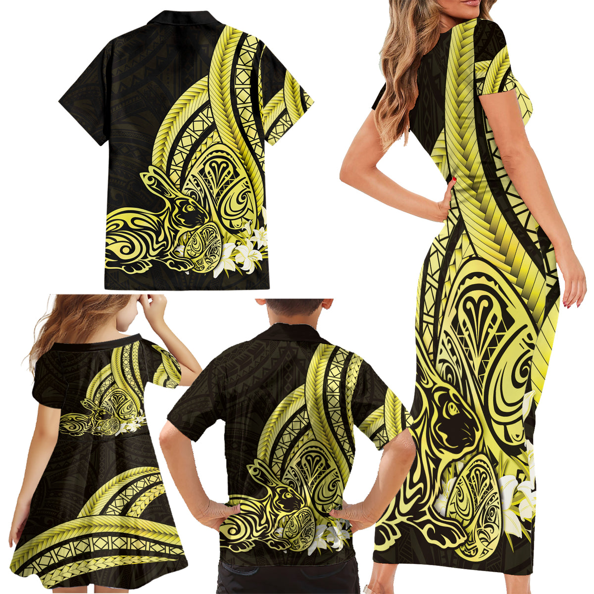 Yellow Polynesia Easter Day Family Matching Short Sleeve Bodycon Dress and Hawaiian Shirt Eggs With Bunny Polynesian Pattern