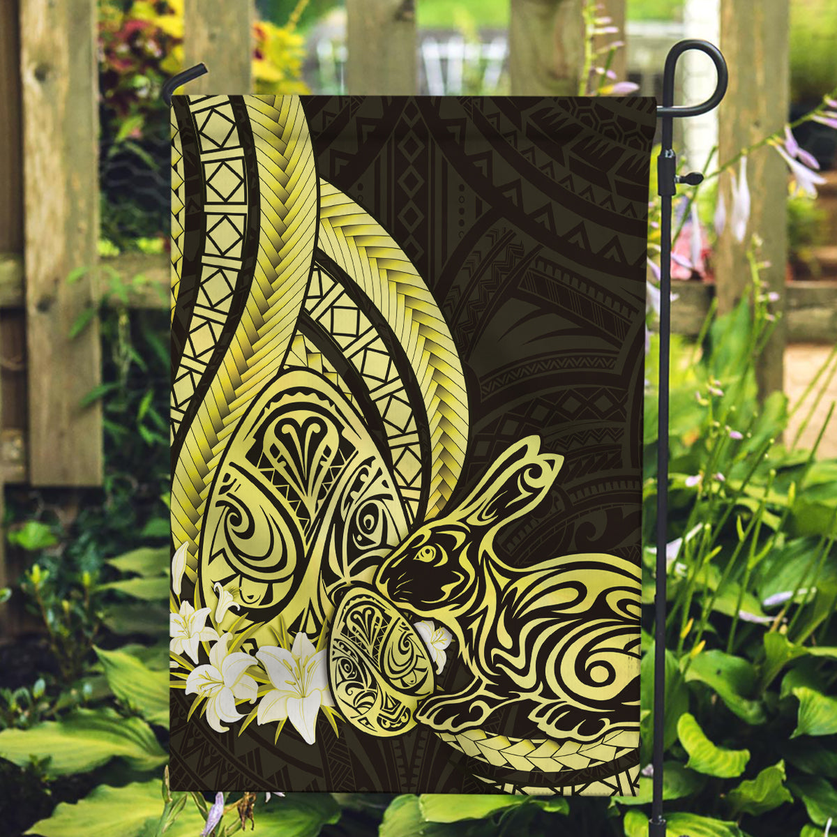 Yellow Polynesia Easter Day Garden Flag Eggs With Bunny Polynesian Pattern
